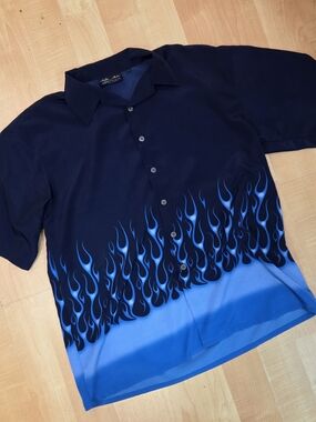 Vintage Mecca USA Blue Flame Y2K Button Up Shirt XL